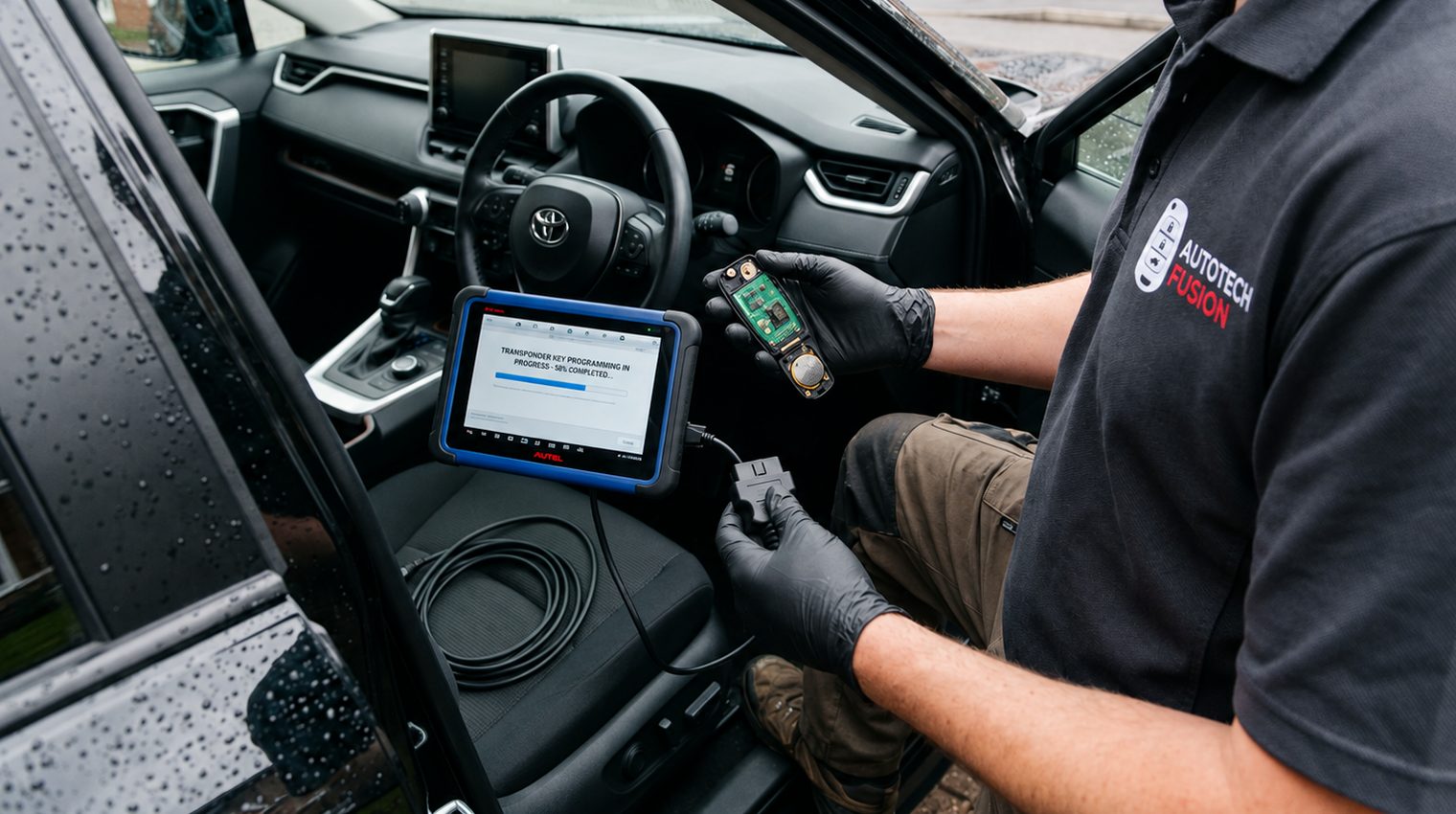 A gloved technician in an AutoTech Fusion shirt programming a transponder key beside an open Toyota, with a key programmer on the driver's seat